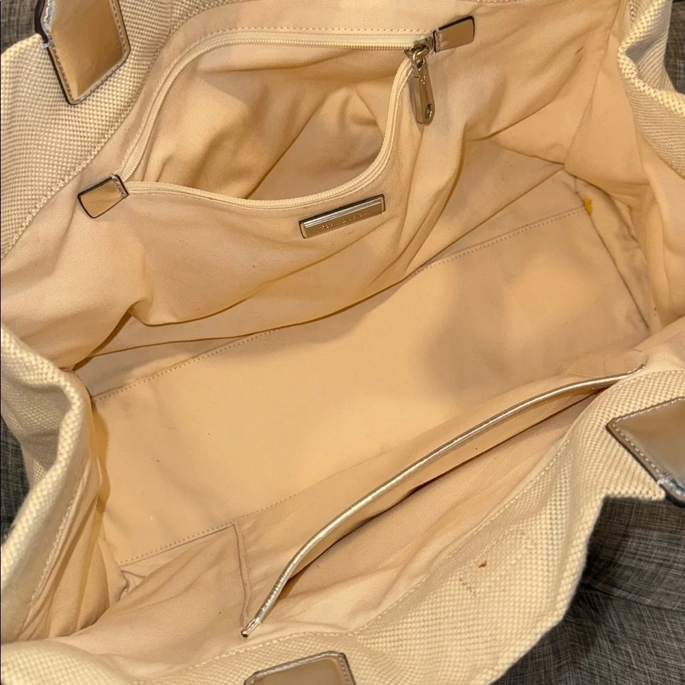Tory Burch Tote Ella Canvas Silver Cream Logo Bag - Picture 16 of 17
